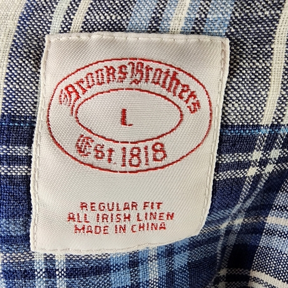 Brooks Brothers Irish Flax Linen Plaid Button Front Shirt Blue Cream Size Large - Picture 3 of 12
